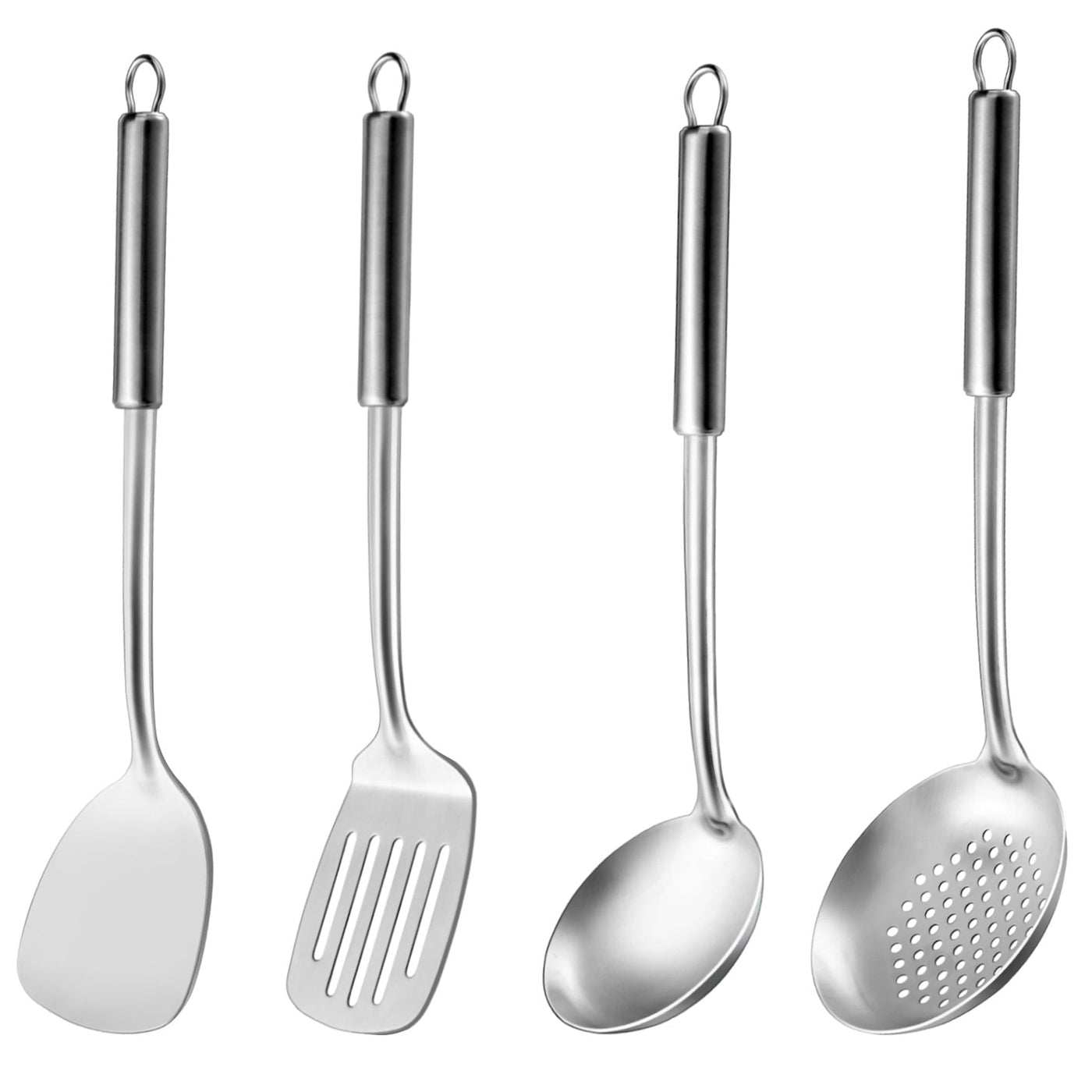 4-Piece Cooking Utensils Set, 304 Stainless Steel Kitchen Utensils, Include Wok Ladle, Slotted Spoon, Wok Spatula and Slotted Spatula, Dishwasher Safe
