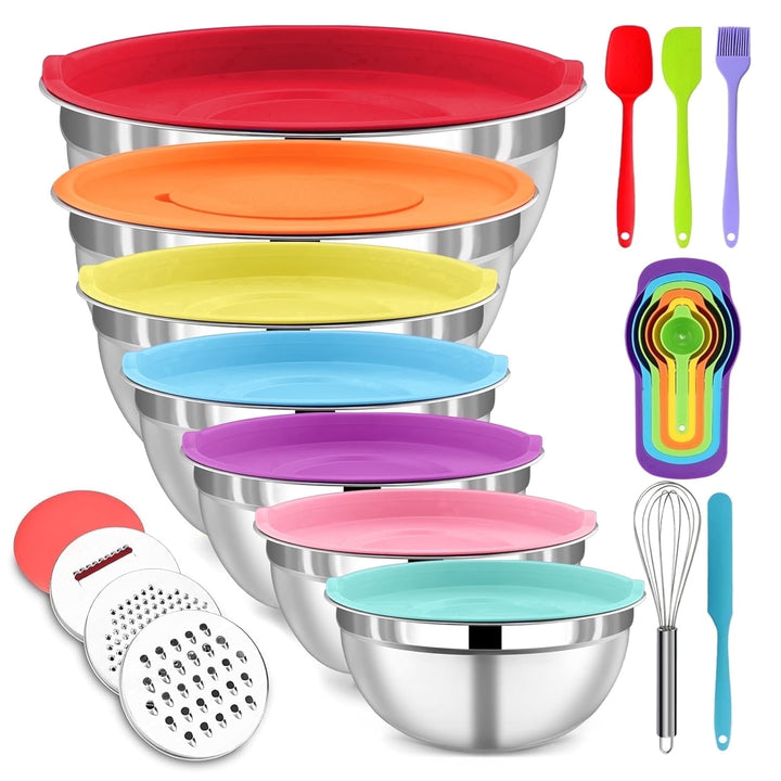 29-Piece Stainless Steel Mixing Bowls with Lids Set, with 3 Grater Attachments Size 4.5, 4, 3.5, 2.1, 1.5, 1.1, 0.7QT