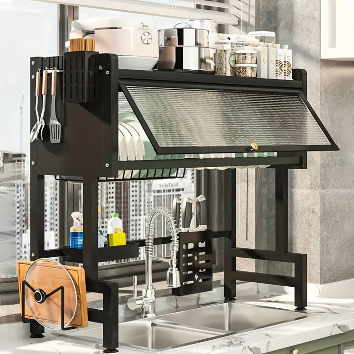 Dish Drying Rack with Dust-proof Cover, Countertop Kitchen Sink Drainer for Plates, Bowls and Chopsticks, Black