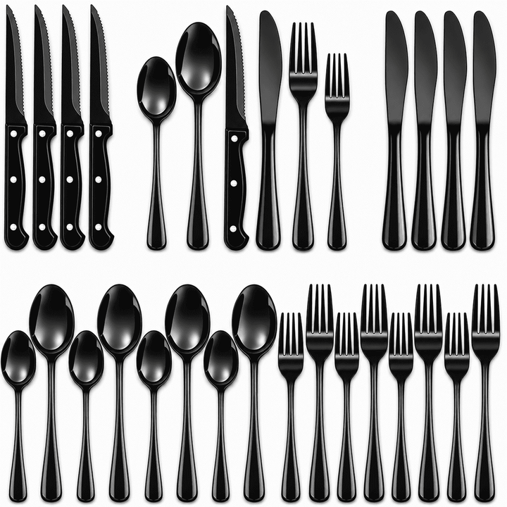 24-Piece Silverware Set, Mirror Polish Stainless Steel Flatware Set. Includes Steak Knives, Dishwasher Safe for Home and Restaurant, Gifts, Black.