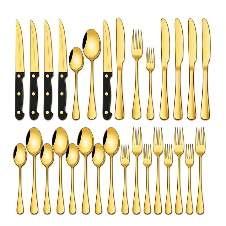 24-Piece Silverware Set, Mirror Polish Stainless Steel Flatware Set. Includes Steak Knives, Dishwasher Safe for Home and Restaurant, Gifts, Gold.
