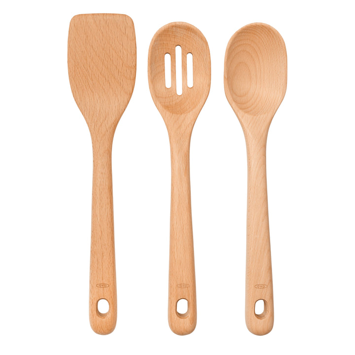 3-Piece Wooden Cooking Utensil Set, Beachwood, for Cooking, Mixing, Serving and Nonstick Cookware, Durable Design for Daily Home Use