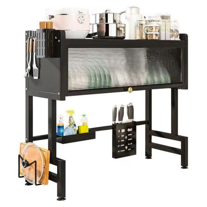 Over Sink Dish Drying Rack with Door, 33 Inch Space Saving Over Sink Dish Rack with Cover, Metal Dish Drainer with Cutlery Holder, Black