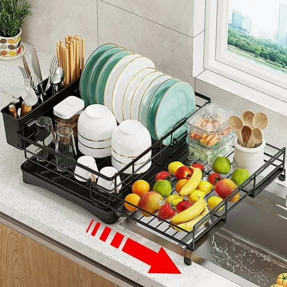 Large Capacity Dish Drying Rack, Compact Stainless Steel Dish Rack with Utensil Holder, Space-saving Storage and Organizer for Kitchen Countertop