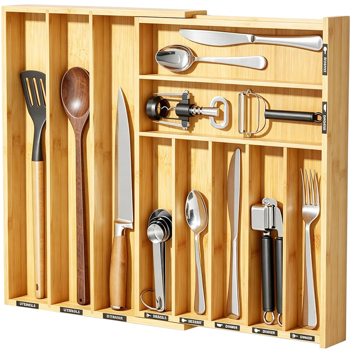 Bamboo Silverware Drawer Organizer with Labels, Expandable Kitchen Utensil Tray for Cutlery, Spoons and Knives, 10 Slot Drawer Organizer (natural)
