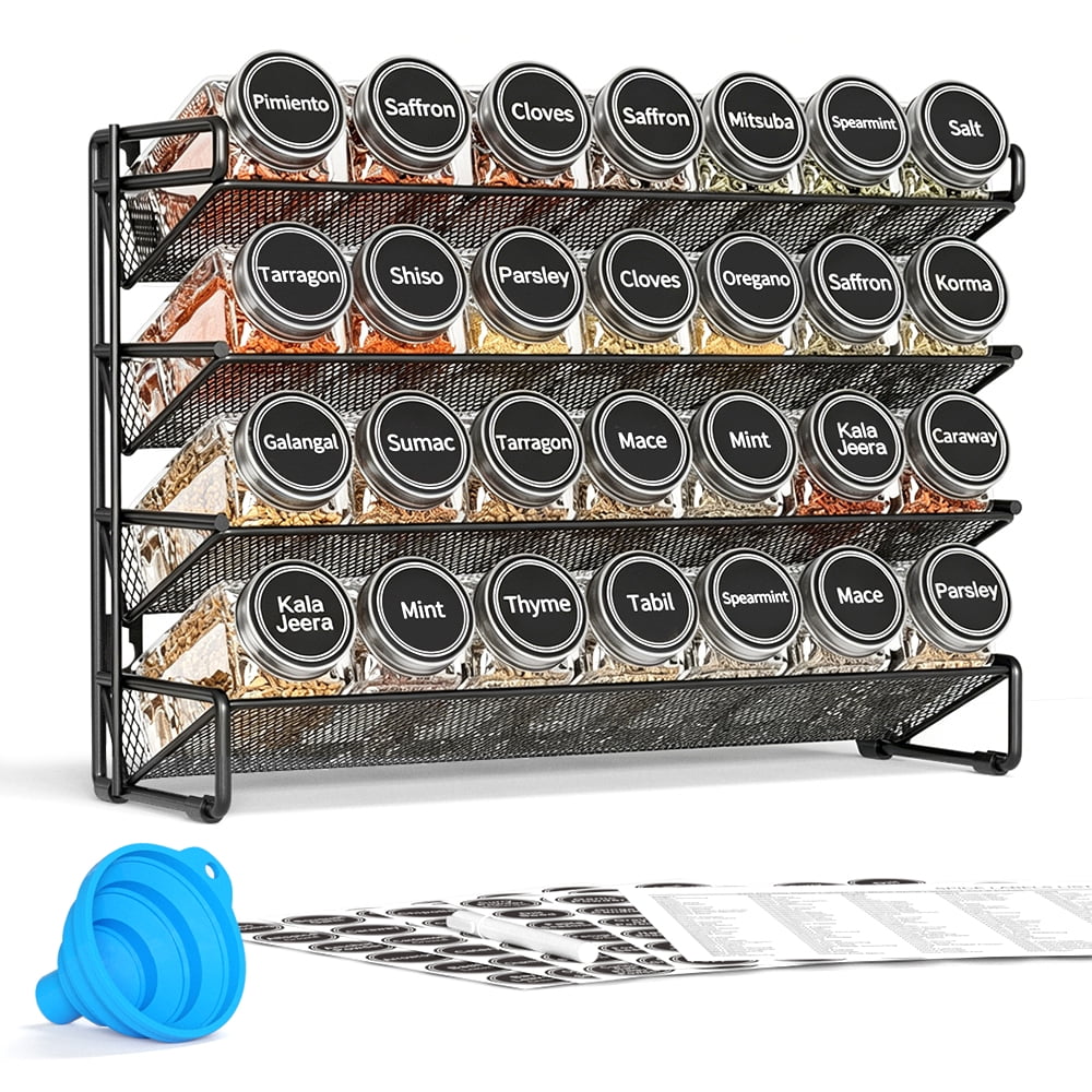 Spice Rack Organizer with 28 Jars, Black, Countertop or Wall Mount, for Pantry Organization, Meal Prep and Dry Food Storage