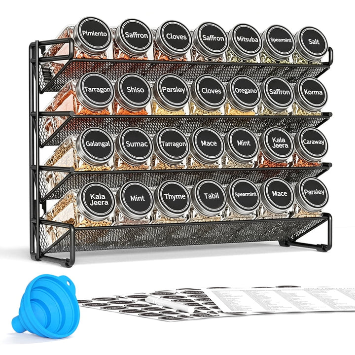 Spice Rack Organizer with 28 Jars, Black, Countertop or Wall Mount, for Pantry Organization, Meal Prep and Dry Food Storage