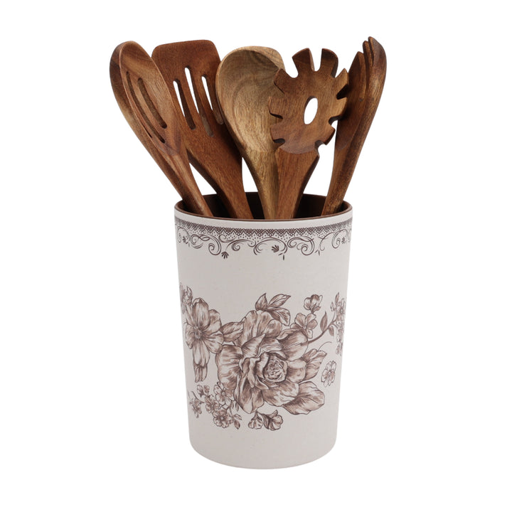 Agetha 6-Piece Acacia Wood and Bamboo Melamine Crock Set, Brown, for Everyday Home Kitchen Cooking, Storage and Organization
