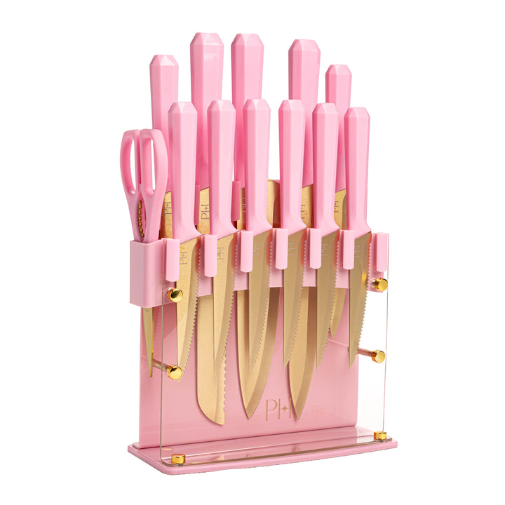 13-Piece Knife Block Set with Acrylic Shield, Gold Titanium-coated Stainless Steel Blades, Pink Faceted Handles