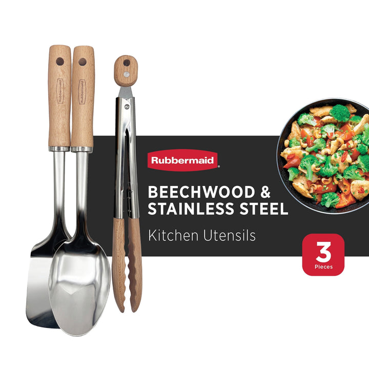 3-Piece Kitchen Utensil Set, Durable Stainless Steel Cooking Utensils with Rubberwood Handles | Solid Spoon, Turner Spatula