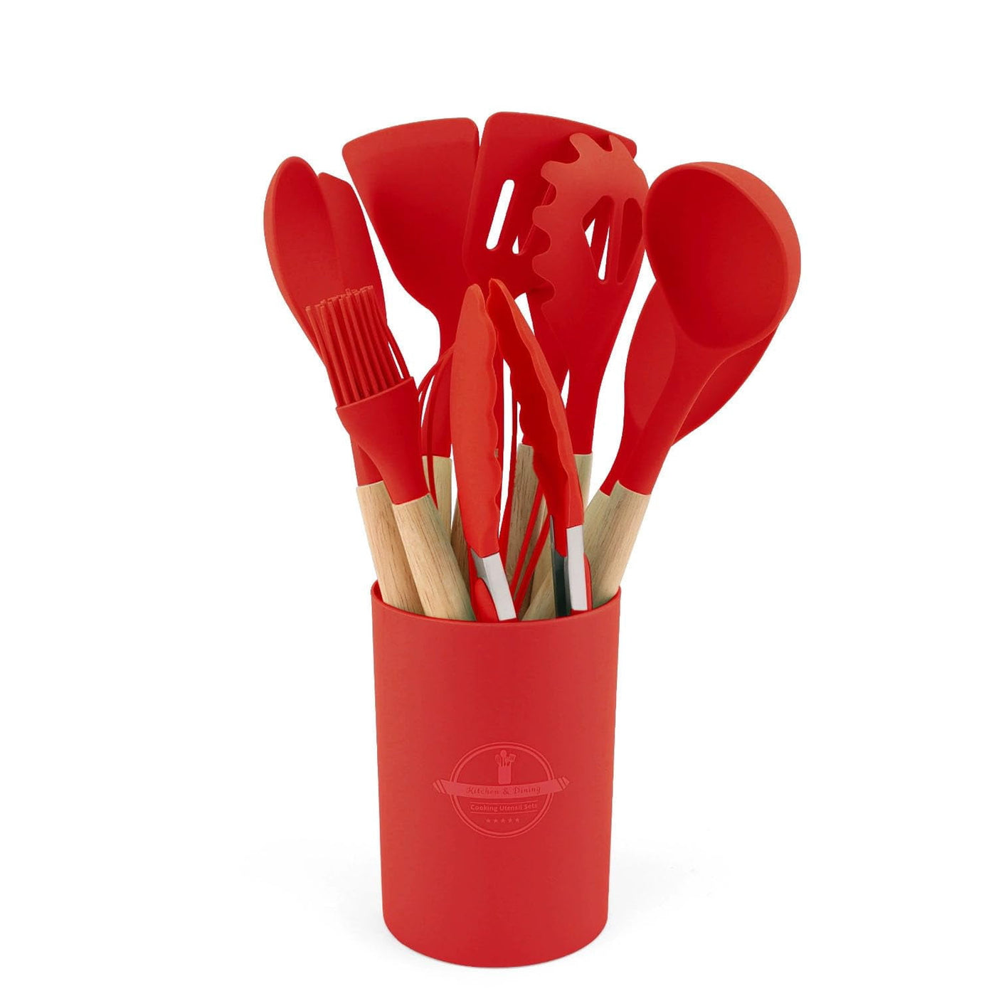 12-Piece Silicone Cooking Utensils Set with Wooden Handles, Heat Resistant Nonstick Kitchen Gadgets, Red