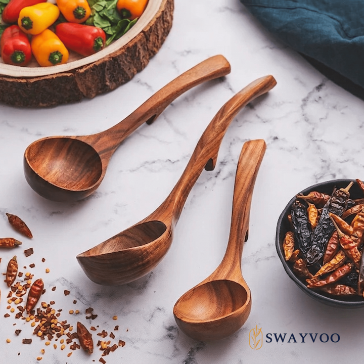 Wooden Ladle Set, Wooden Spoons for Cooking, 3-Piece 100% Natural Teak Soup Ladle and Serving Utensils, Small Medium Large, Heat Resistant