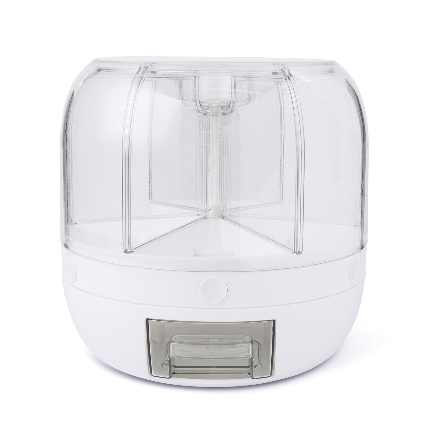 6 Section Rotating Food Storage Dispenser with Removable Drawer, White, for Pantry Organization, Meal Prep and Dry Food Storage