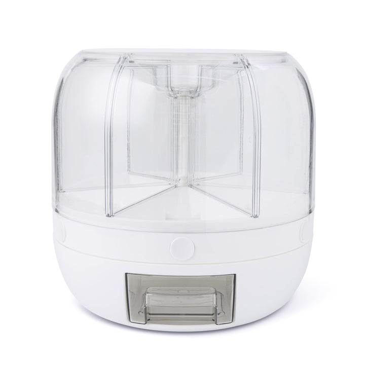 6 Section Rotating Food Storage Dispenser with Removable Drawer, White, for Pantry Organization, Meal Prep and Dry Food Storage