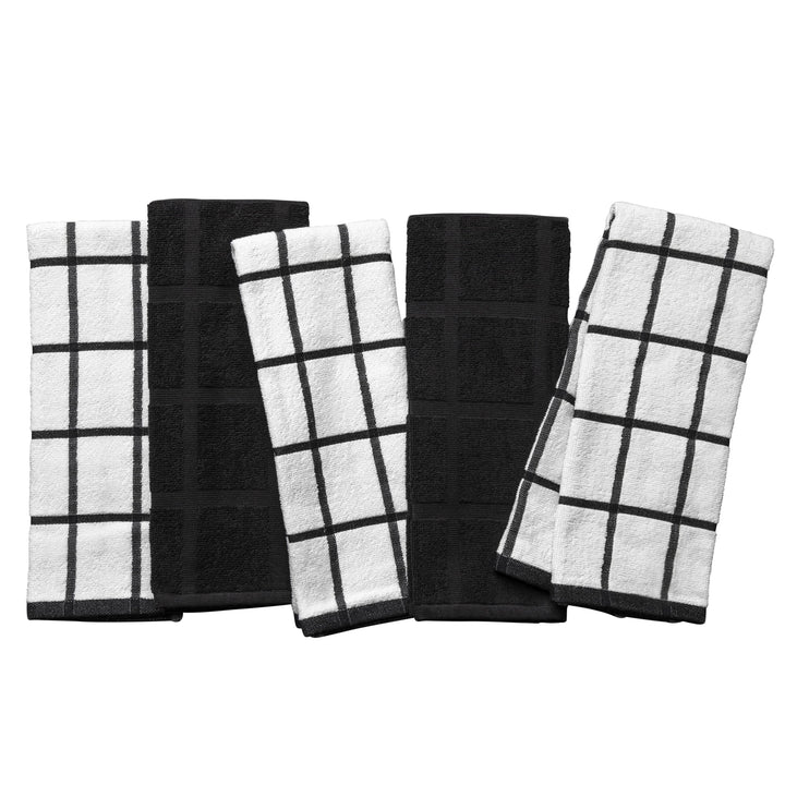 Kitchen Towels, Black and White Windowpane, 5-Pack Set, for Drying Dishes, Wiping Counters and Everyday Kitchen Cleaning