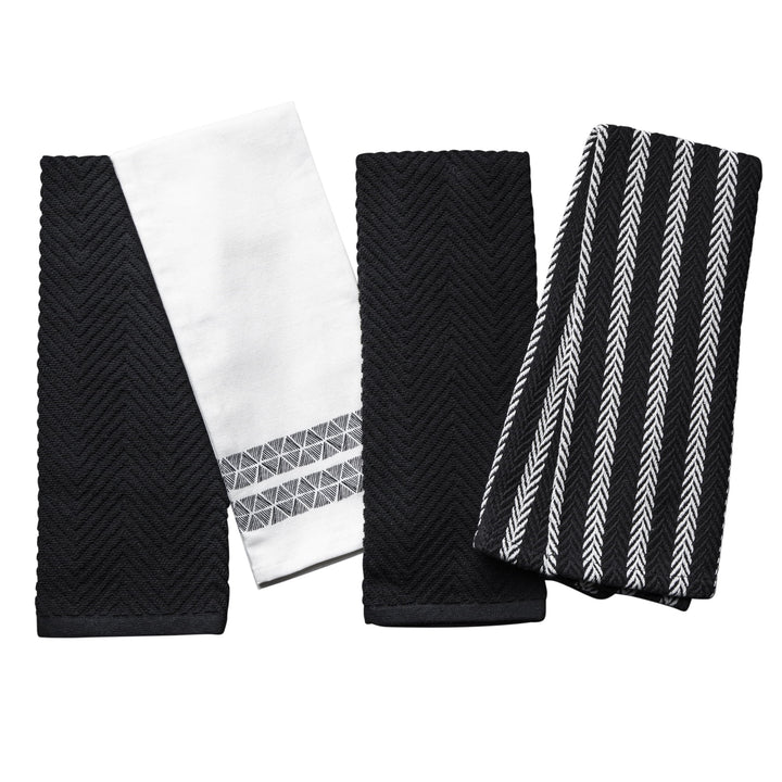 Kitchen Towels, Black and White Triangle Pattern, 4-Pack Set, for Drying Dishes, Wiping Counters and Everyday Kitchen Cleaning