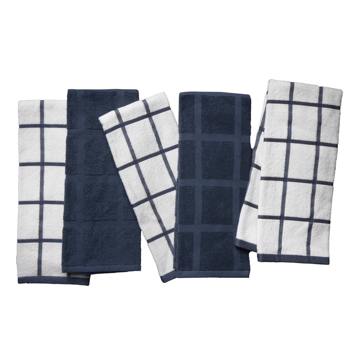 Kitchen Towels, Navy Windowpane, 5-Pack Set, for Drying Dishes, Wiping Counters and Everyday Kitchen Cleaning
