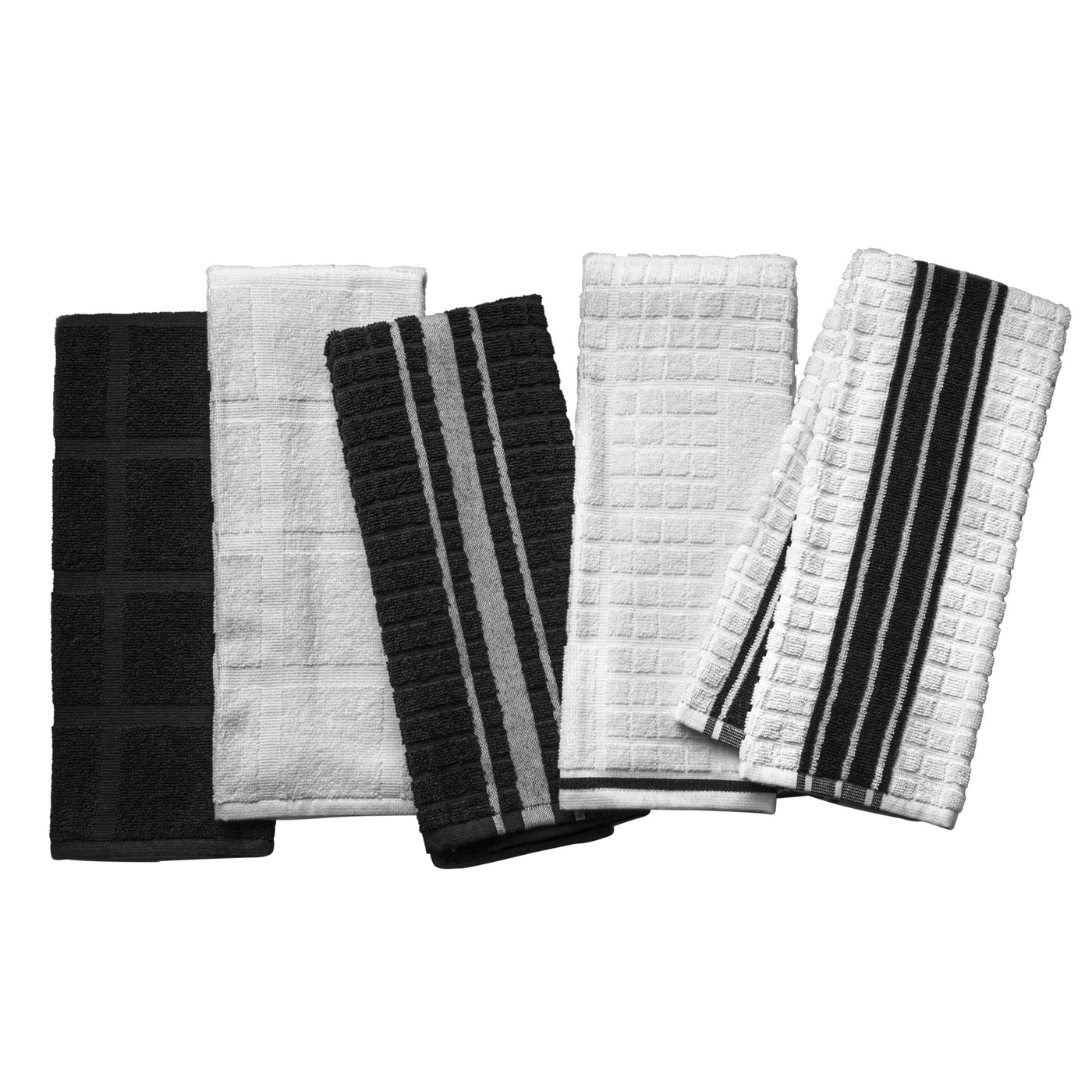Kitchen Towels, White and Black, 5-Pack Set, for Drying Dishes, Wiping Counters and Everyday Kitchen Cleaning
