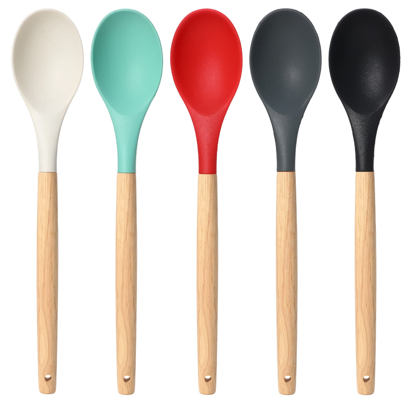 5-Pack Silicone Nonstick Stirring Spoon, 12" Rubber Spoon Wooden Handle Spoons for Baking Cooking and Mixing, Kitchen Serving Spoons