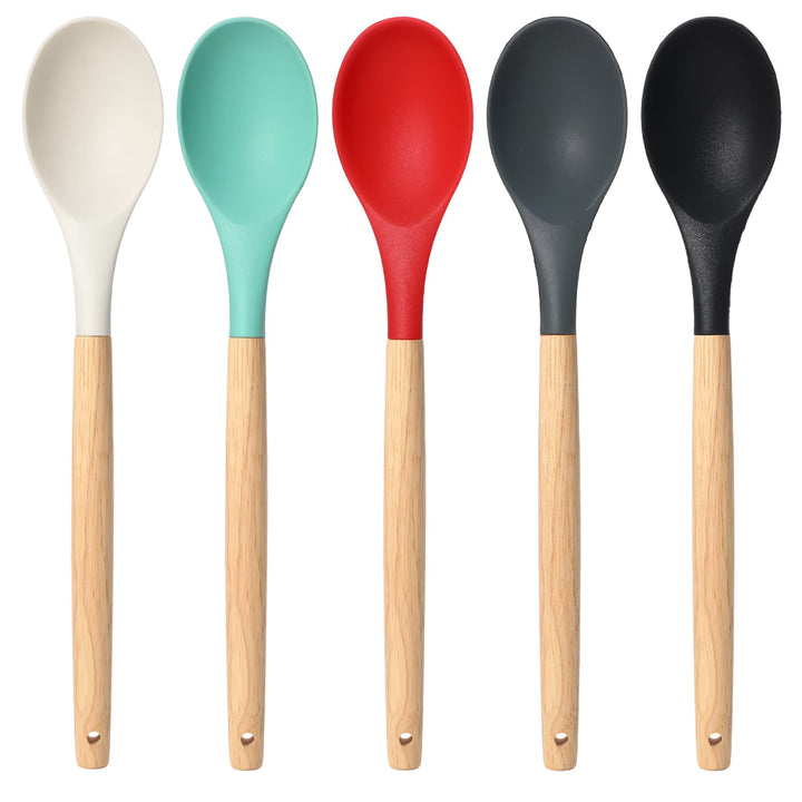 5-Pack Silicone Nonstick Stirring Spoon, 12" Rubber Spoon Wooden Handle Spoons for Baking Cooking and Mixing, Kitchen Serving Spoons