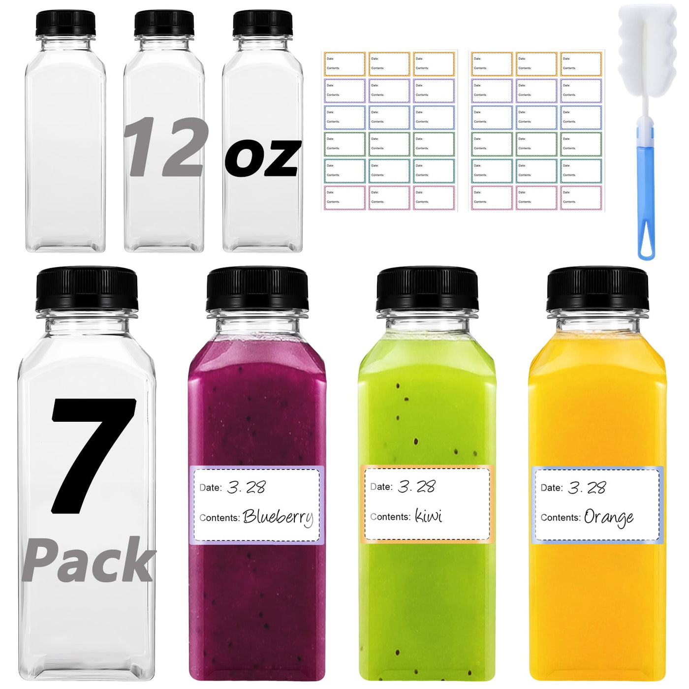 7-Piece 12 Oz Empty Plastic Juice Bottles with Lids, Reusable Drink Containers with Brush and Labels