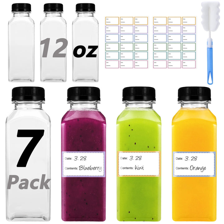 7-Piece 12 Oz Empty Plastic Juice Bottles with Lids, Reusable Drink Containers with Brush and Labels