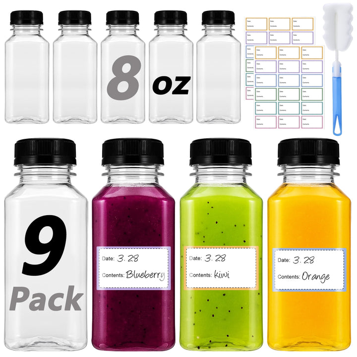 9-Piece 8 Oz Empty Plastic Juice Bottles with Lids, Reusable Drink Containers with Brush and Labels, Clear Bulk Juice Containers with Caps for Juicing