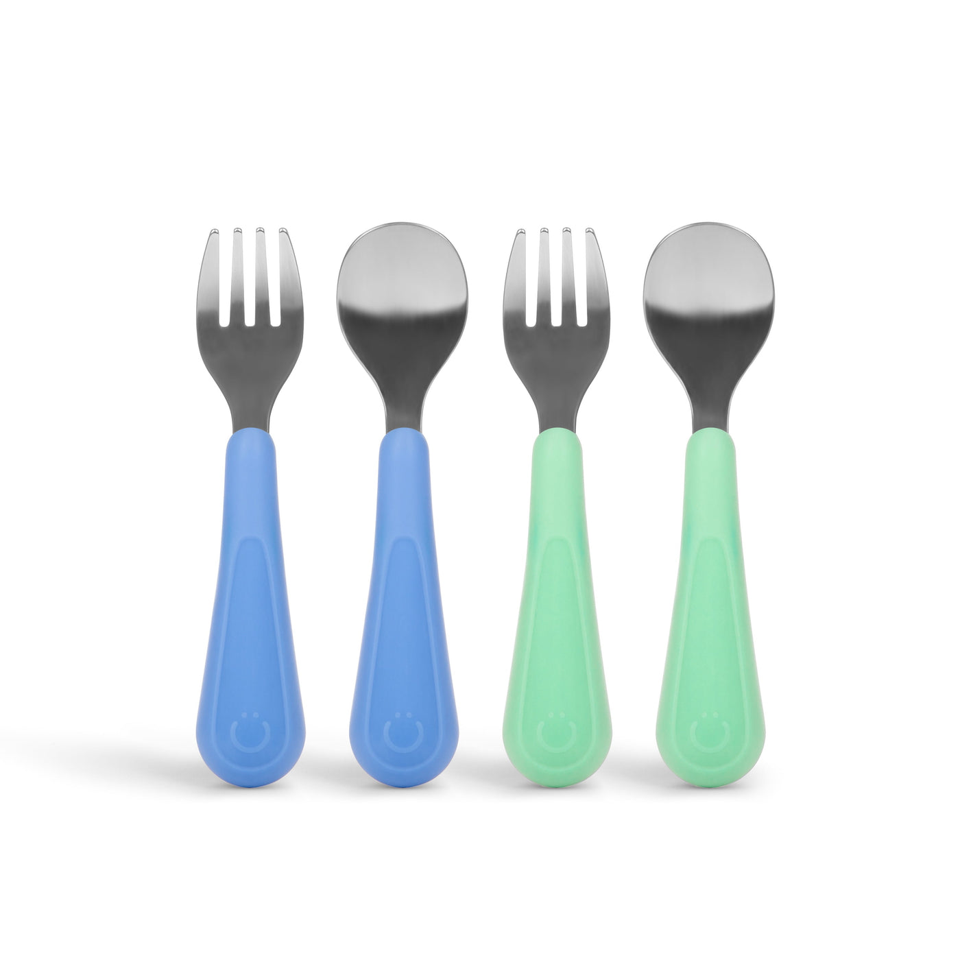 Stainless Steel Toddler Utensil Set, Includes 2 Forks and 2 Spoons, Polaris Blue and Sugar Snap Green, 4-Pack, Food Grade Silicone