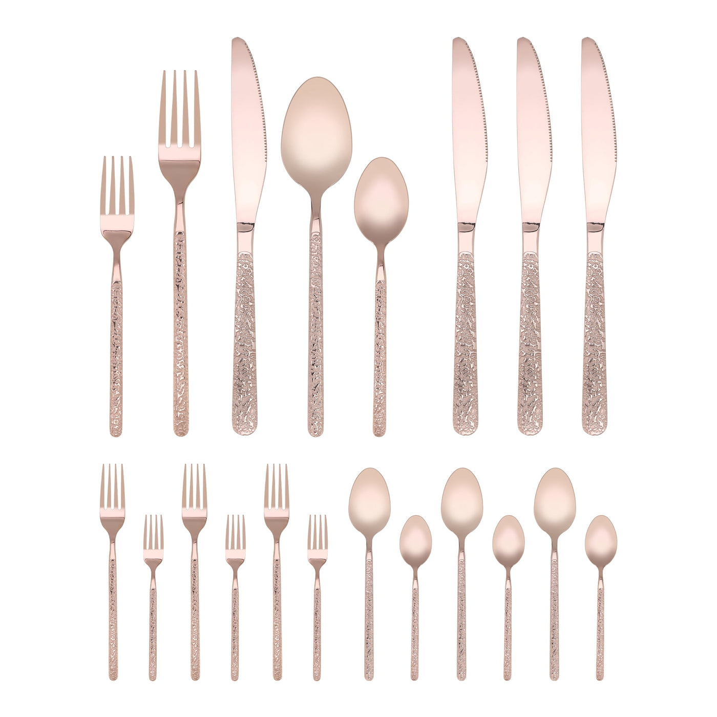 20-Piece Stainless Steel Flatware Set with Texture and Mirror Rose Gold, for Everyday Home Kitchen Cooking, Storage and Organization