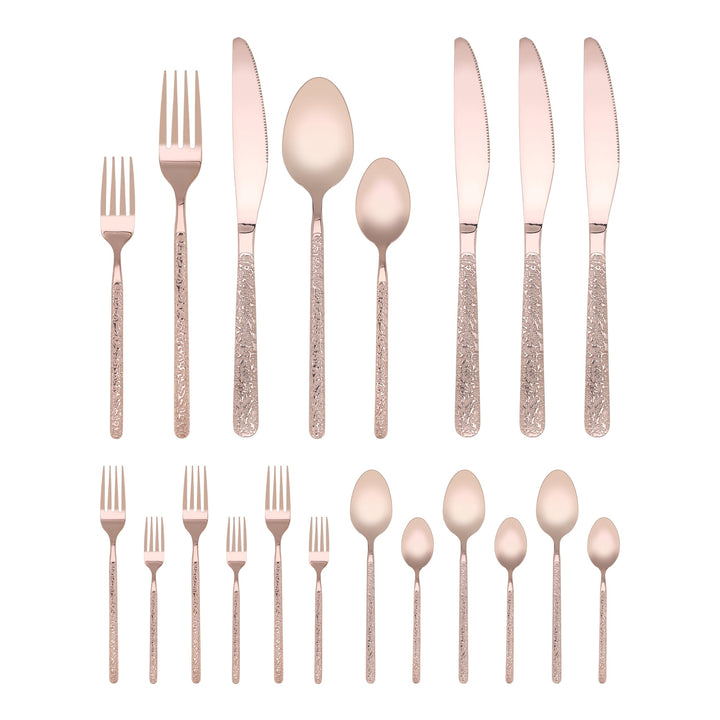 20-Piece Stainless Steel Flatware Set with Texture and Mirror Rose Gold, for Everyday Home Kitchen Cooking, Storage and Organization