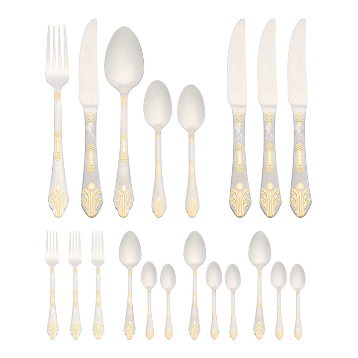 20-Piece Stainless Steel Floral Flatware Set for 4 Silver/Gold, for Everyday Home Kitchen Cooking, Storage and Organization