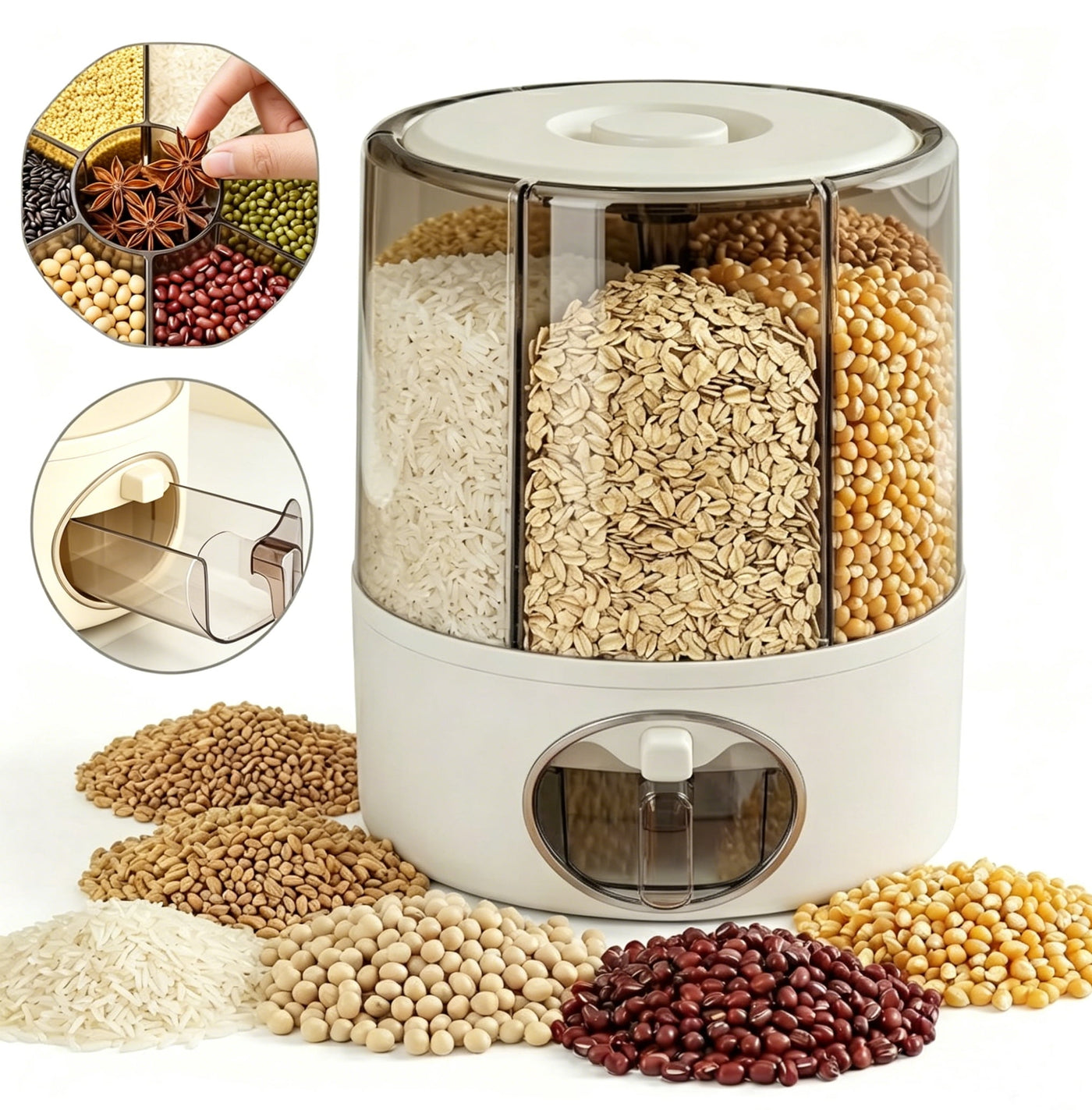 Riousery Rotating Grain and Rice Dispenser (holds 20+ Lbs), 6-Compartment Glass-like Clear Food Storage Container for Pantry Organization