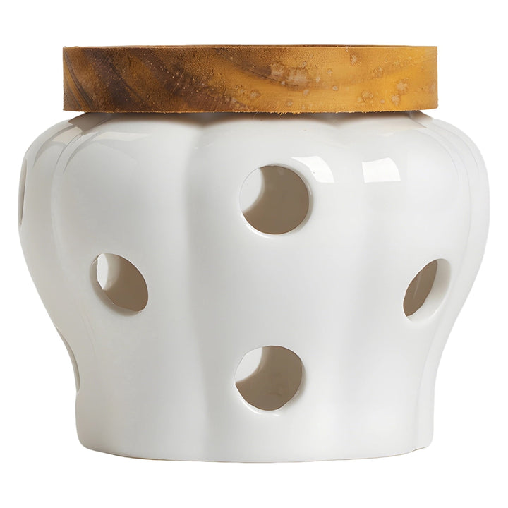 White Ceramic Garlic Keeper Jar Container, 4.4 X 3.7 in / 11.2 X 9.5 Cm Food Storage with 12 Vents and Wood Lid