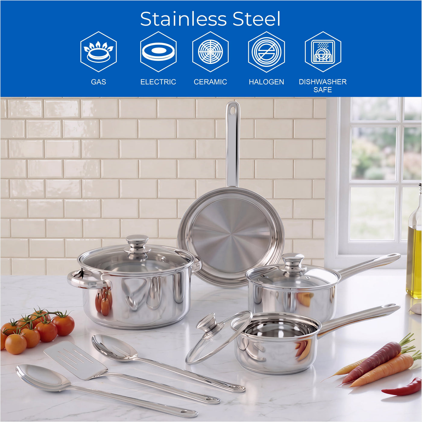 Stainless Steel 10-Piece Cookware Set with Lids and Kitchen Utensils, for Cooking, Mixing, Serving and Nonstick Cookware