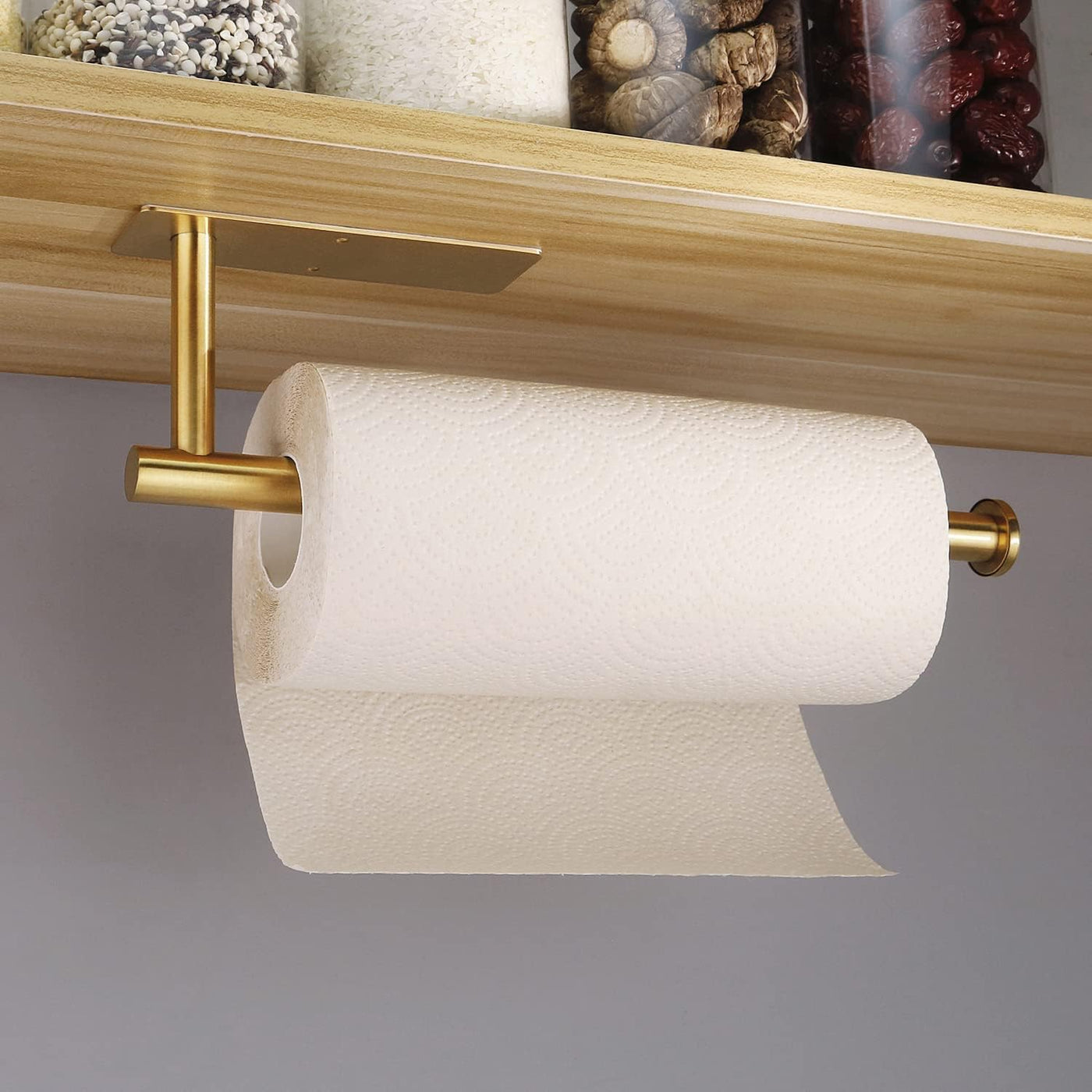 Gold Sus304 Stainless Steel Paper Towel Holder, Adhesive Punch-free Under Cabinet Tissue Roll Rack, Matte Metal Wall Mount Organizer for Kitchen