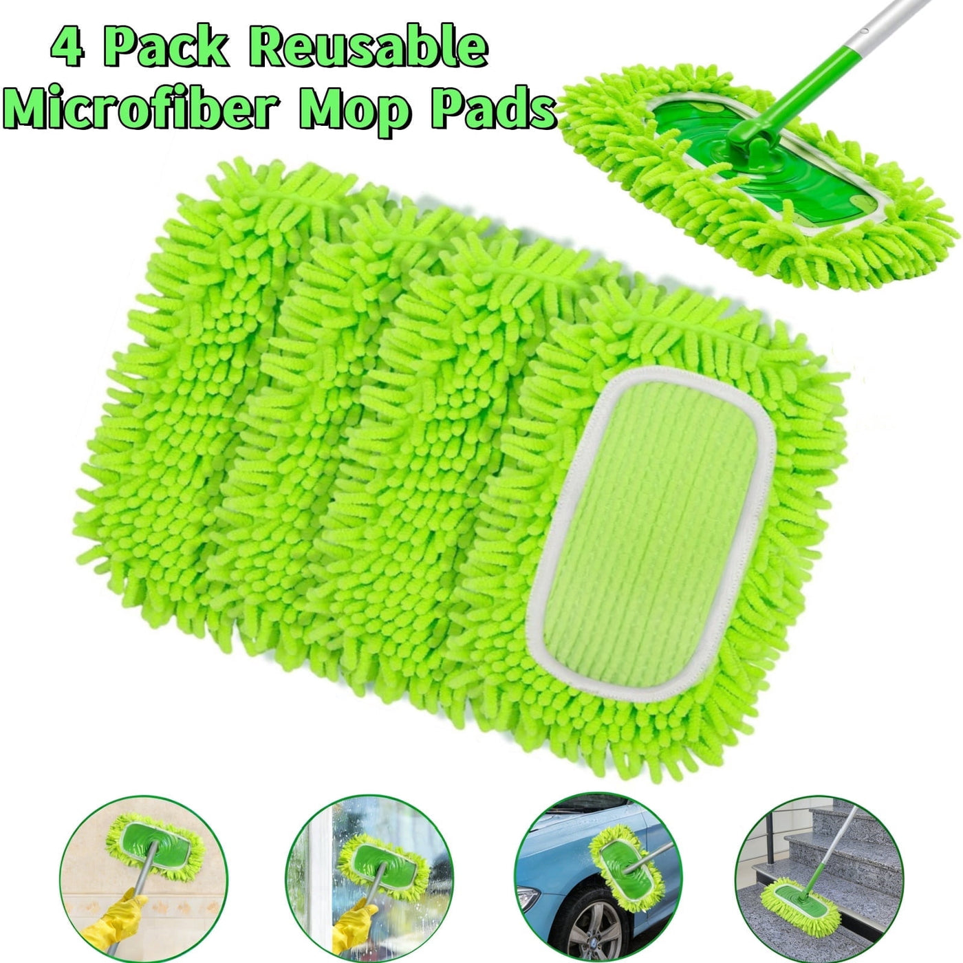 4-Piece Reusable Microfiber Mop Pads Compatible with Sweeper Mop, Replacement Wet Mopping Pad Refills and Washable Dry Sweeping Cloths for
