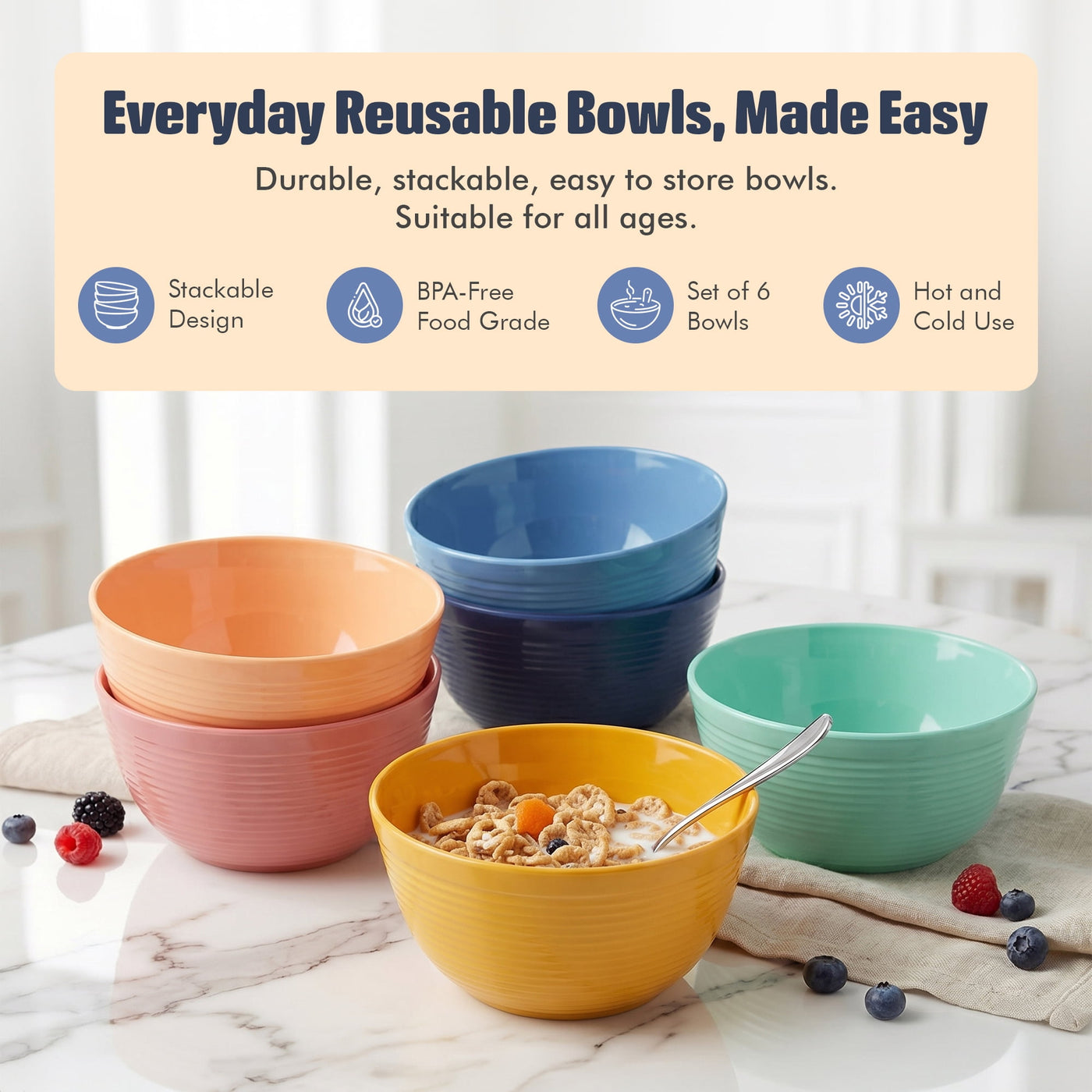 27 Oz Deep Plastic Bowls Set of 6 Unbreakable Stackable Bright, for Everyday Home Kitchen Cooking, Storage and Organization