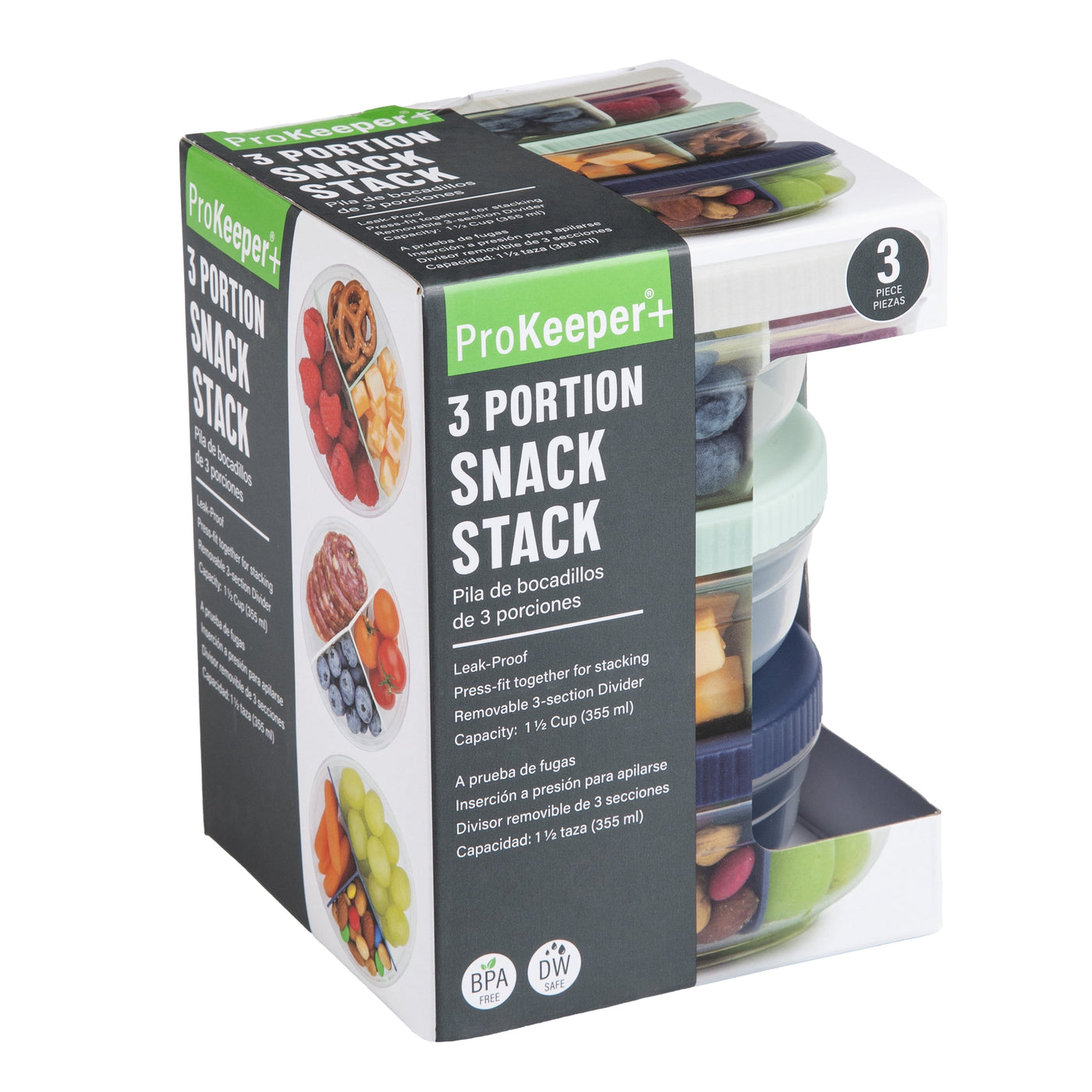 + Plastic 3 Portion Snack Stack Food Storage Container, Ideal Use for Workday Meals and Travel, for Pantry Organization