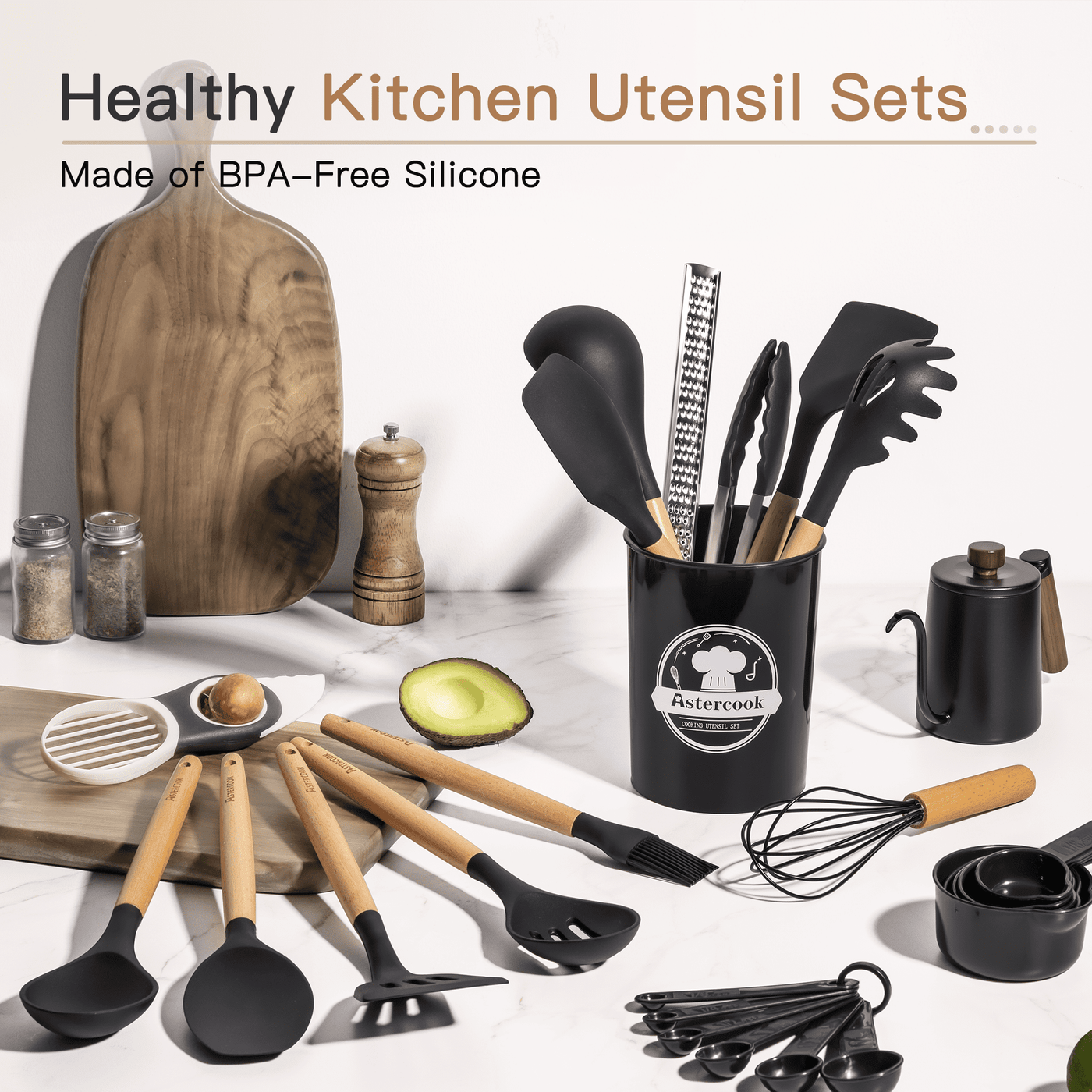 Silicone Cooking Utensils Set, 38-Piece Kitchen Utensils Set for 446°F Heat Resistant, Food Grade Utensil Sets with Wooden Handle