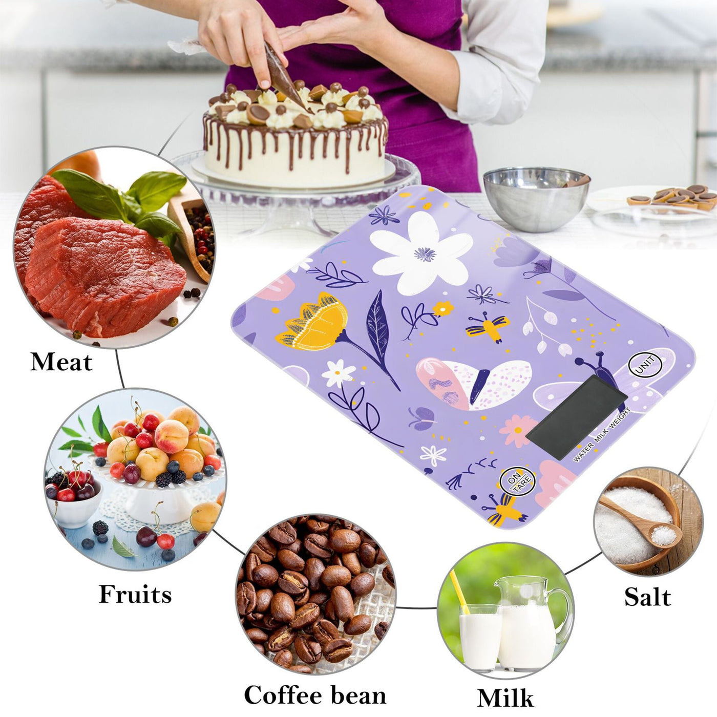 Digital Kitchen Food Scale Weight Grams Oz for Baking Cooking Coffee 11lb 0.05oz/1g Glass Abstract Flowers and Butterflies