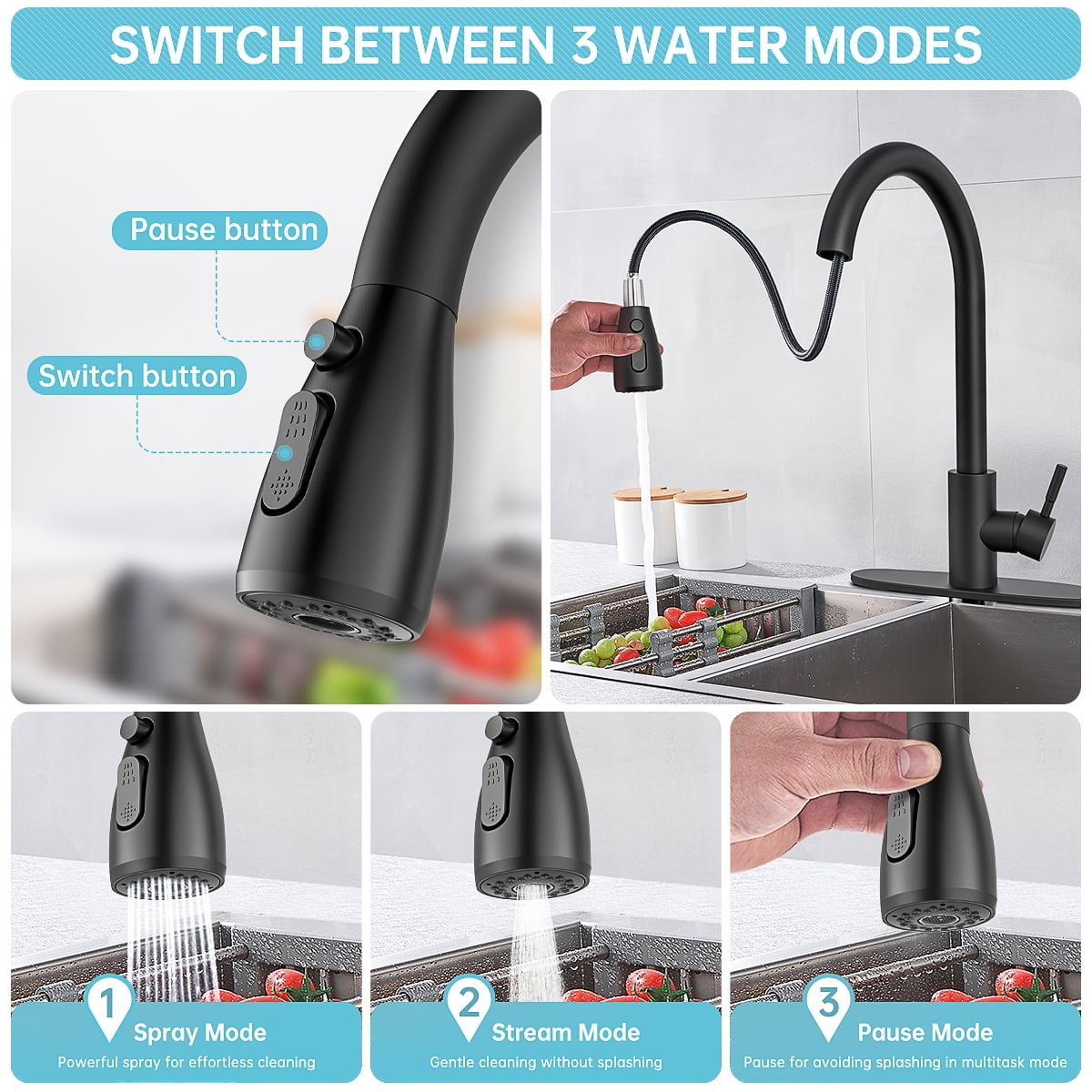 Kitchen Sink Faucets with Pull Down Sprayer, High Arc Single Handle with Water Lines, for Kitchen Sink, Home, Bar and Utility Use