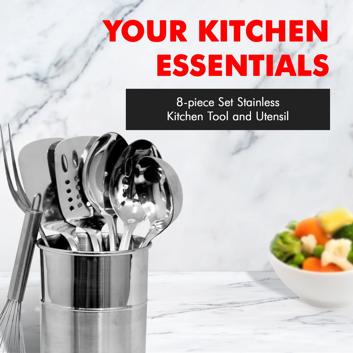Kitchen Tool and Utensil Set, 8-Piece Set, Stainless Steel, for Cooking, Mixing, Serving and Nonstick Cookware