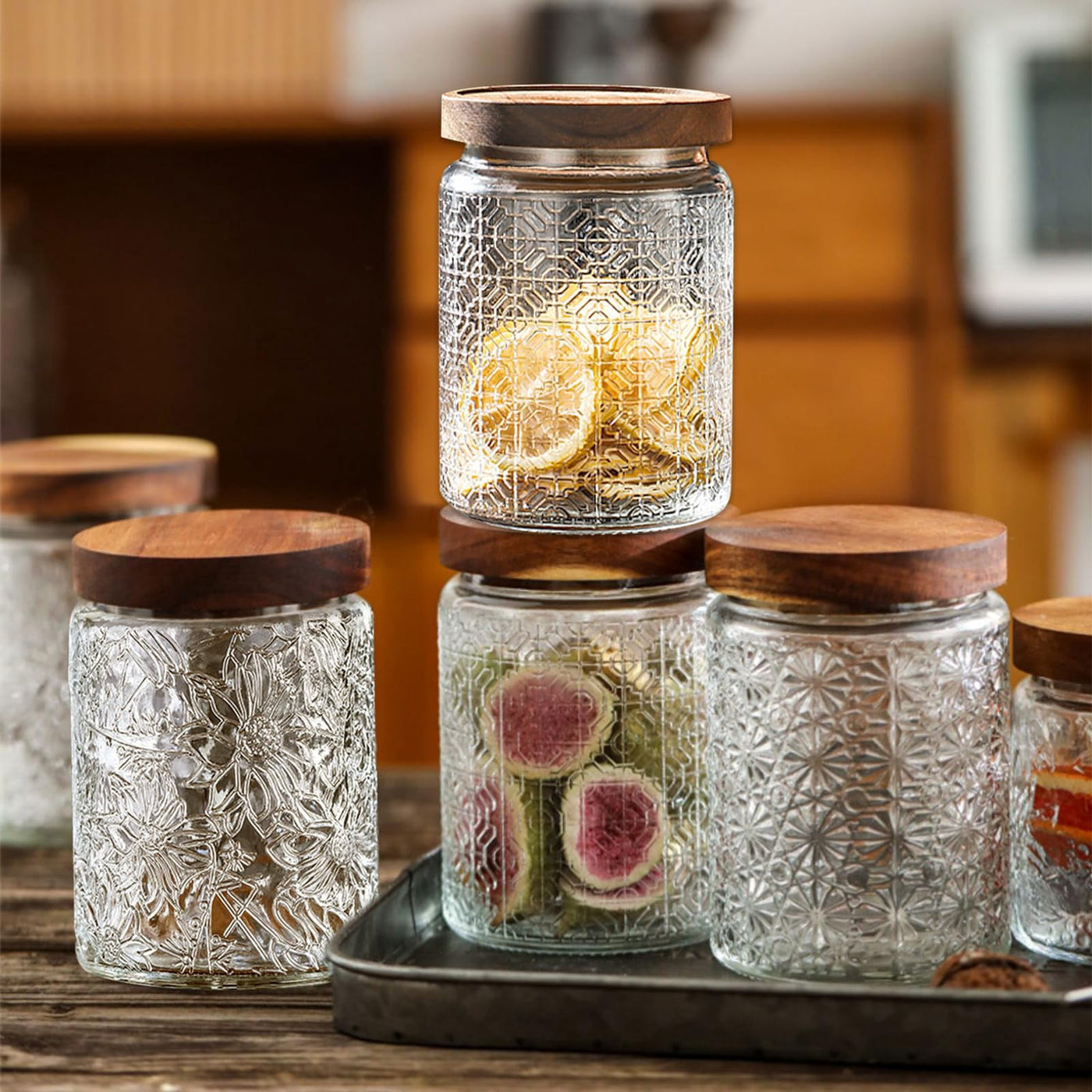 Glass Jars with Wooden Lids, 4-Pack 24 Oz Airtight Glass Food Storage Containers Sets for The Kitchen, Sugar Coffee Candy Spice Cookie Tea Pasta