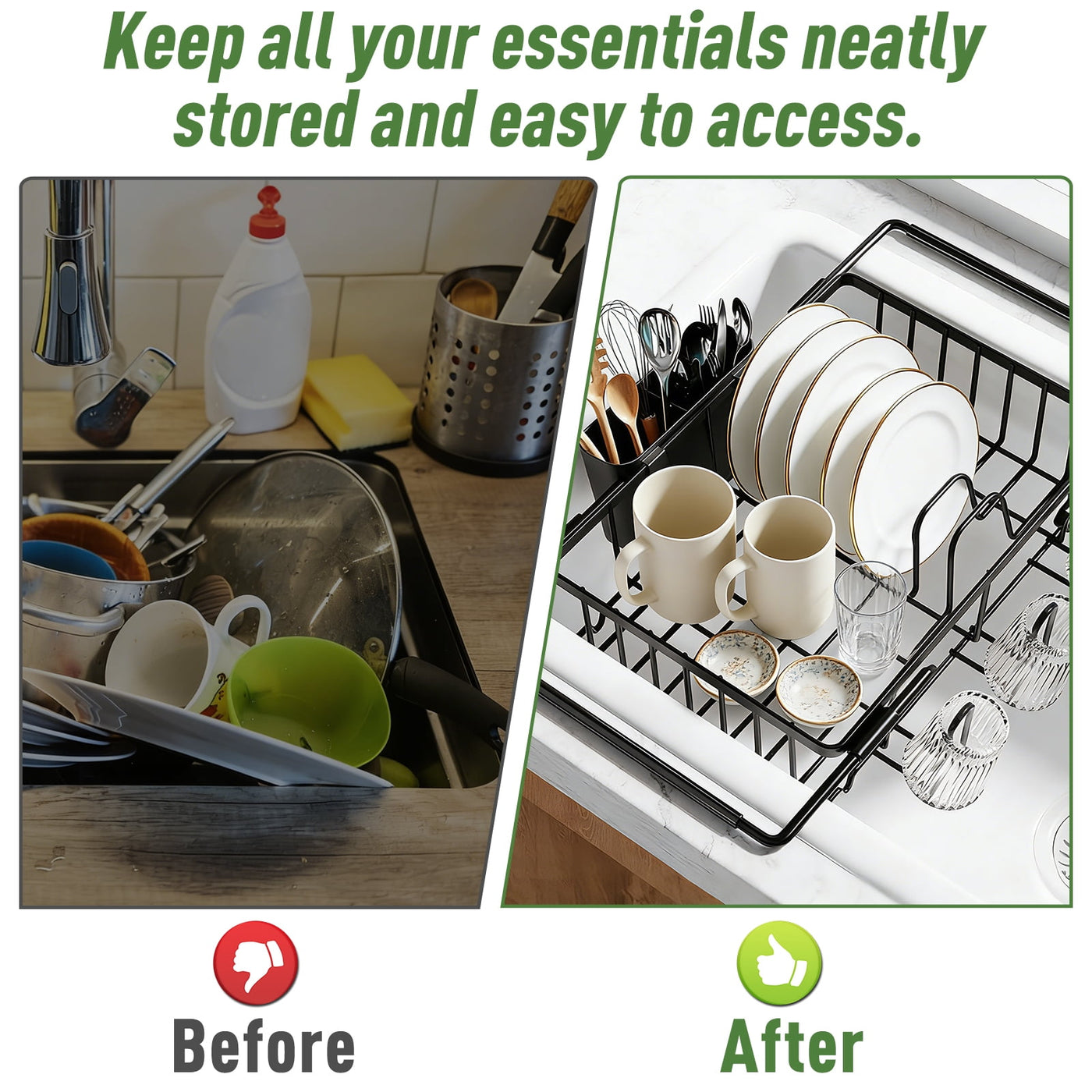 Dish Drying Rack in Sink, Expandable Stainless Steel Dish Rack Over The Sink, Kitchen Sink Drain Strainer with Cutlery Holder and Cup Holders