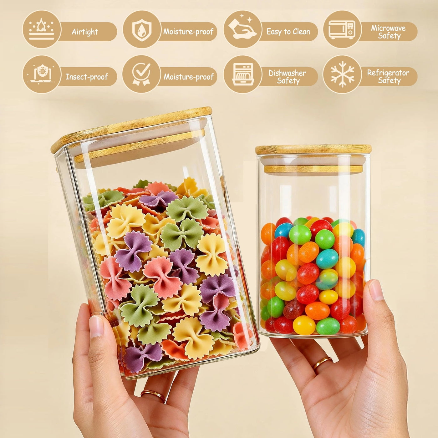6-Pack Glass Storage Jars Set, 23oz and 37oz Clear Glass Food Storage Containers with Airtight Bamboo Lid, Stackable Kitchen Canisters for Candy