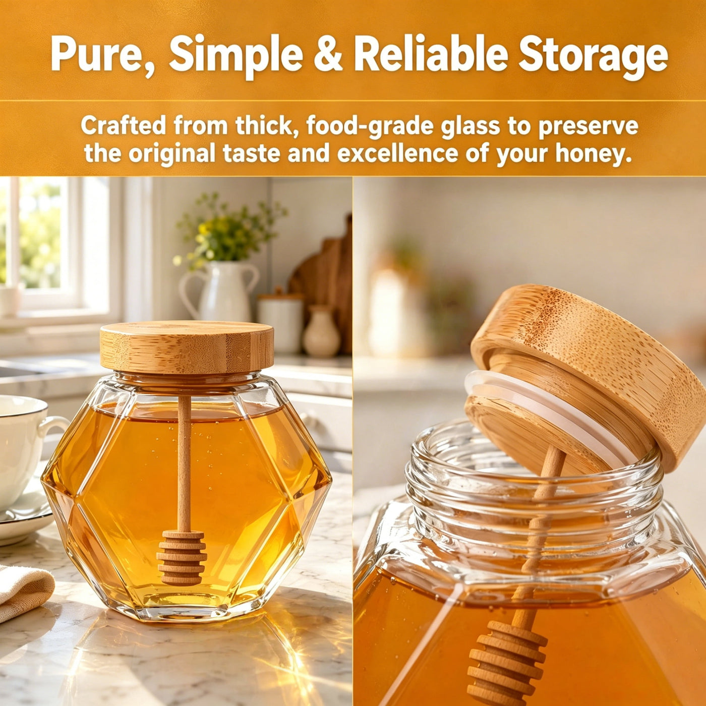 2-Piece Hexagonal Honey Jar Set Clear Glass Jars with Lids, for Pantry Organization, Meal Prep and Dry Food Storage