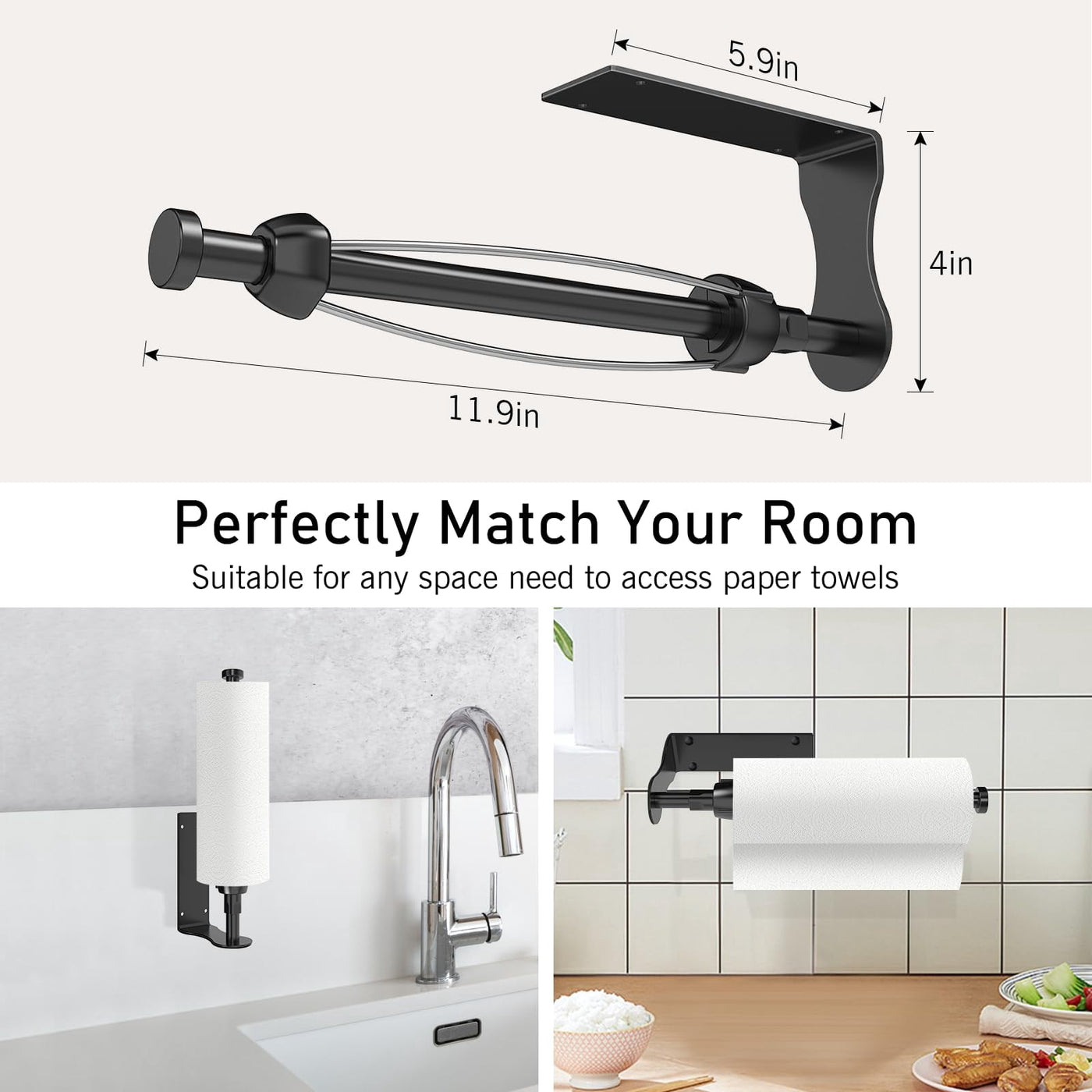 Stainless Steel Single Hand Operable Easy Tear Wall Mount Under Cabinet Paper Towel Holder, Black, for Drying Dishes
