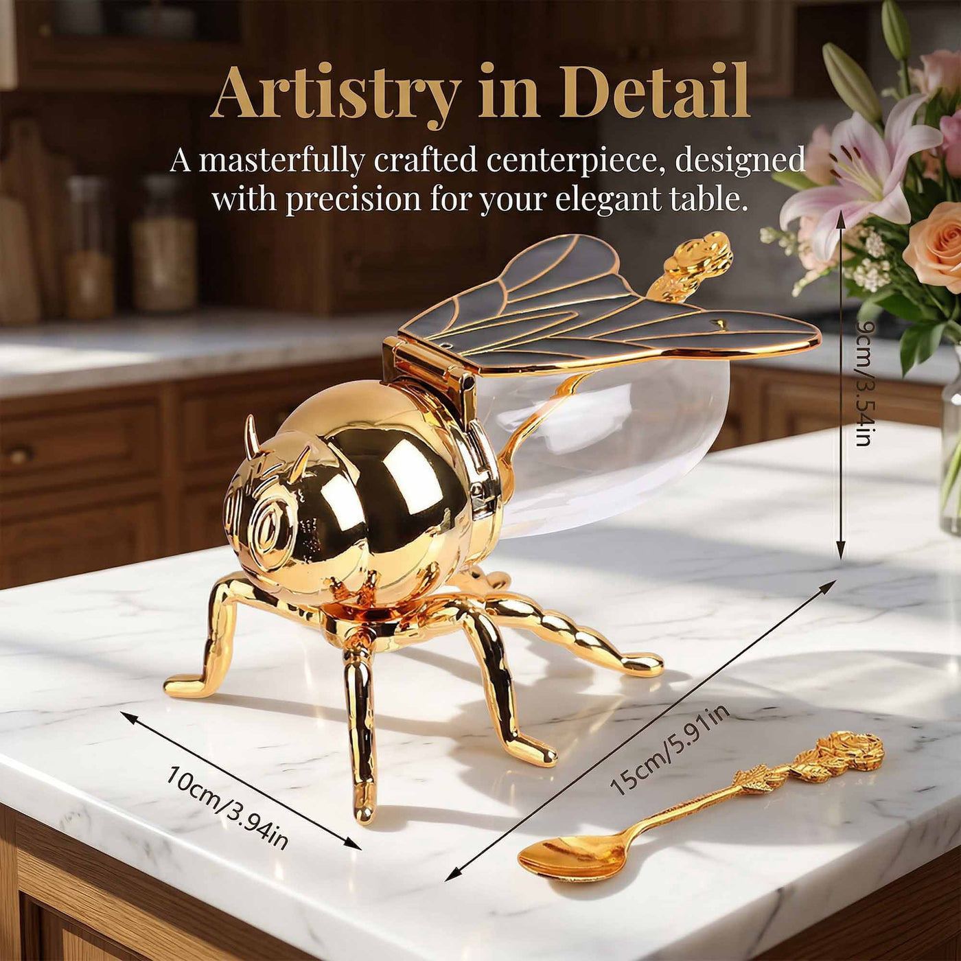 Glass Honey Jar with Plastic Bee Dispenser, Gold Lid and Spoon for Tabletop, for Cooking, Mixing, Serving and Nonstick Cookware