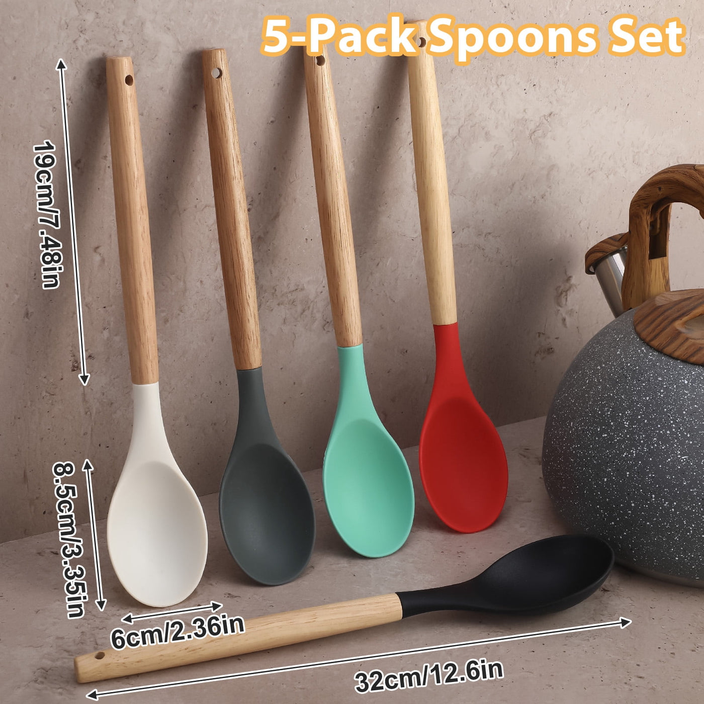 5-Pack Silicone Nonstick Stirring Spoon, 12" Rubber Spoon Wooden Handle Spoons for Baking Cooking and Mixing, Kitchen Serving Spoons