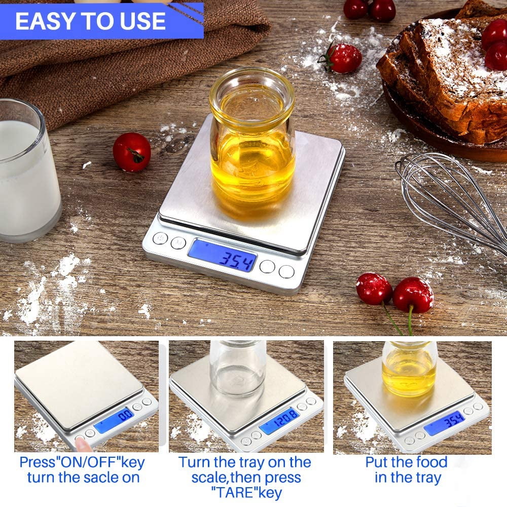 Digital Food Scale, 3000g/0.1g Digital Scale, Gram Scale with 2 Trays for Cooking and Baking, Coffee Scale with Back-lit LCD Display 6 Units, Auto Off